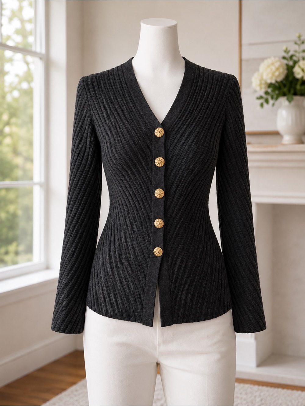 St John Collection Ribbed Wool Jacket Cardigan Gold Button Deep Grey 4